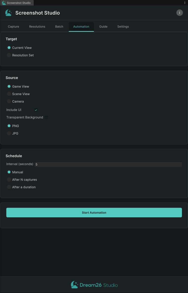 Screenshot Studio Automation tab: capture on a timer with configurable stop conditions