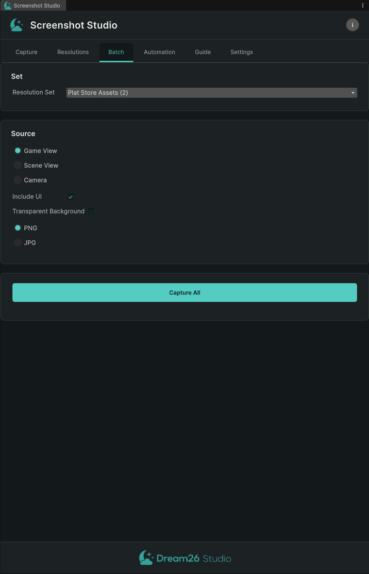 Screenshot Studio Batch tab: pick a Resolution Set and Capture All