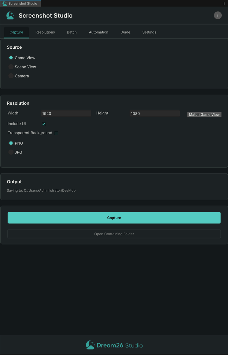 Screenshot Studio Capture tab: choose Game View, Scene View or Camera, set resolution, toggle Include UI and Transparent Background