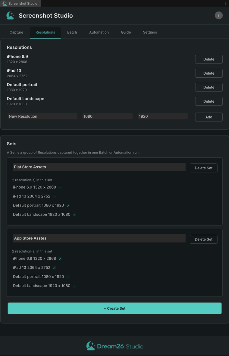 Screenshot Studio Resolutions tab: named resolutions grouped into reusable Sets