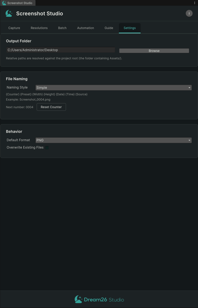 Screenshot Studio Settings tab: output folder, naming templates and file format